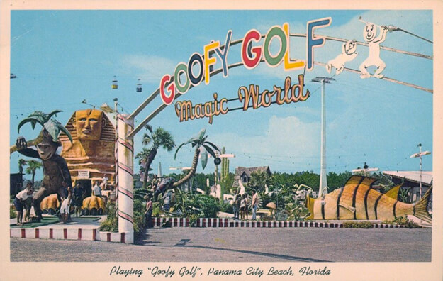 Vintage postcard of Goofy Golf Magic World
